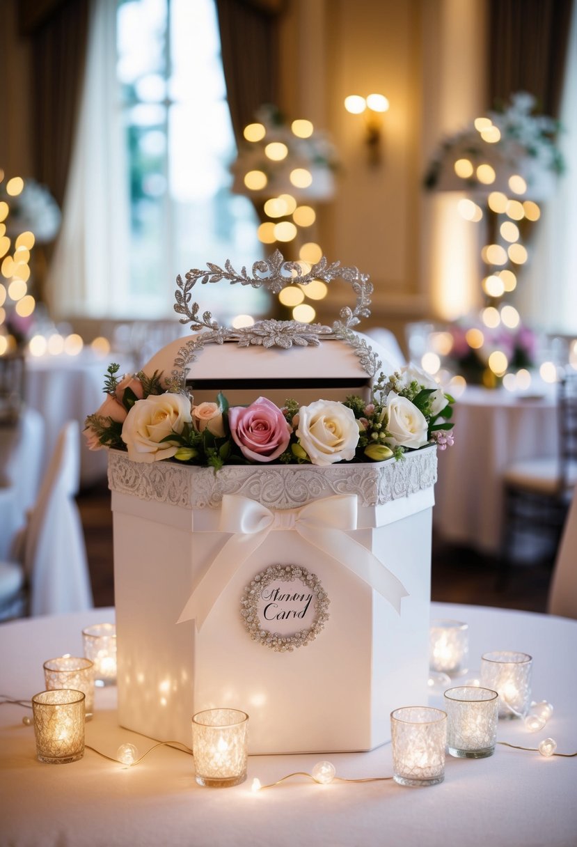 A decorative wedding card box adorned with flowers and ribbons, placed on a table surrounded by elegant centerpieces and twinkling fairy lights