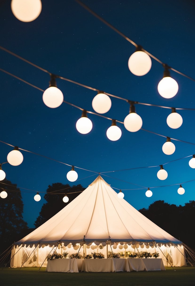 A wedding tent is illuminated by globe lights, creating a starry night effect