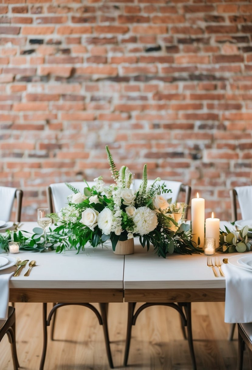 A simple, elegant civil wedding ceremony set up with white flowers, greenery, and candles on a wooden table with a backdrop of a rustic brick wall