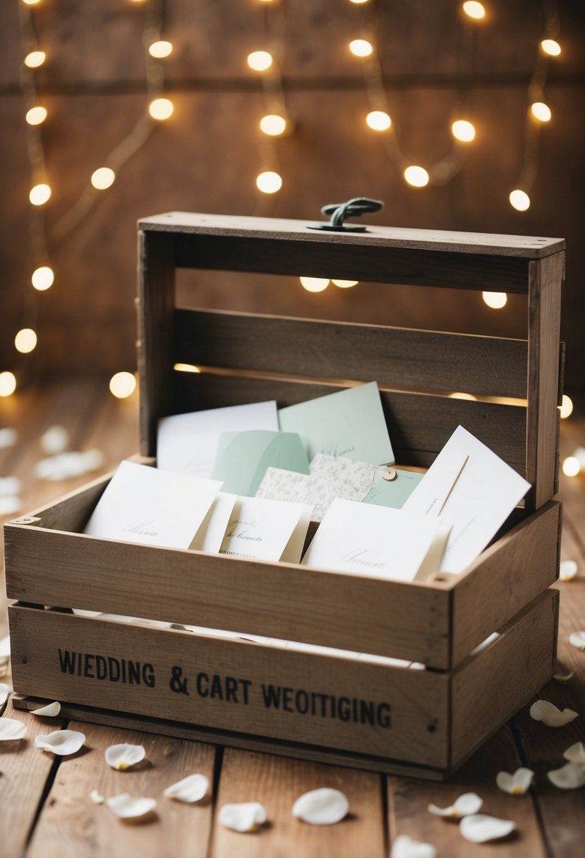 A rustic wooden crate sits open, filled with wedding cards and surrounded by scattered flower petals and twinkling fairy lights