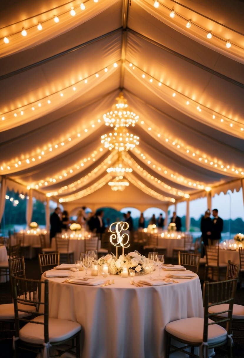 Warm, golden monogram lighting casts a personalized glow over the elegant wedding tent, creating a romantic and intimate atmosphere for the celebration