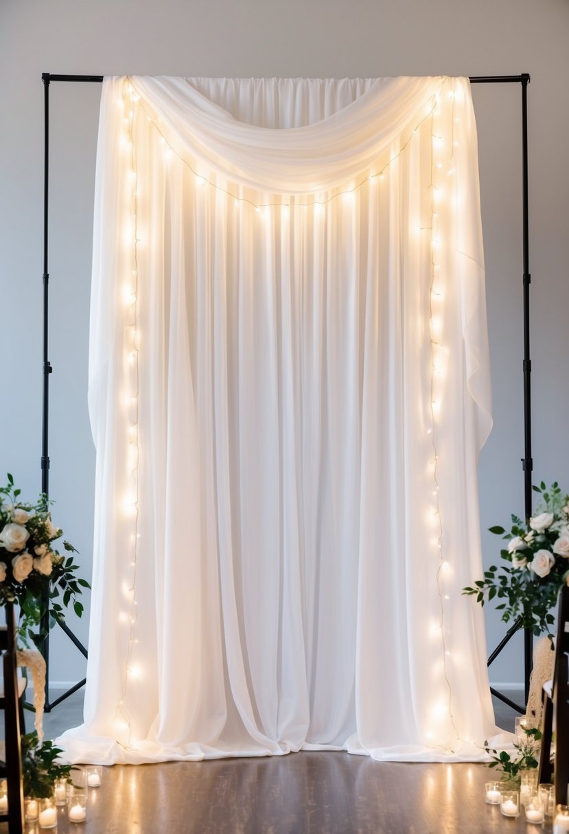 A white fabric backdrop with twinkling lights draped over it, creating a romantic and elegant atmosphere for a civil wedding ceremony