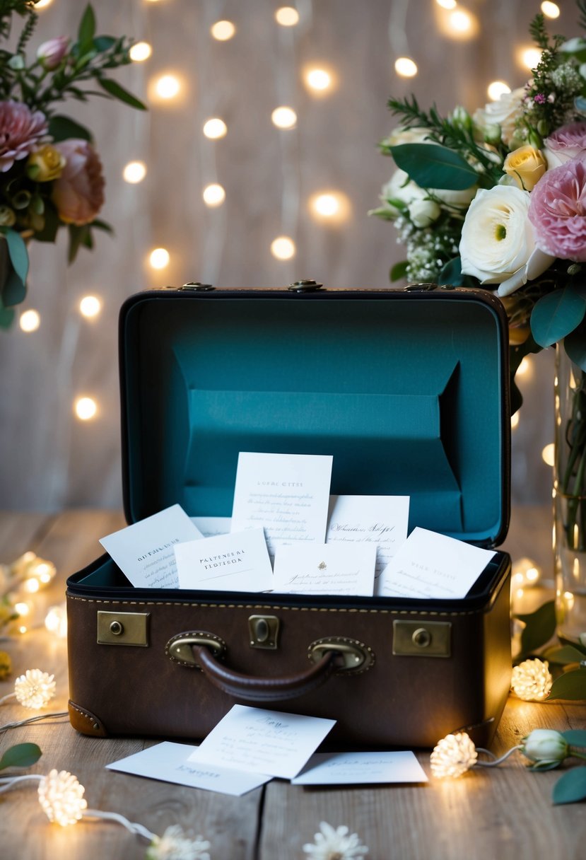 An antique suitcase with wedding cards spilling out, surrounded by floral decor and twinkling lights