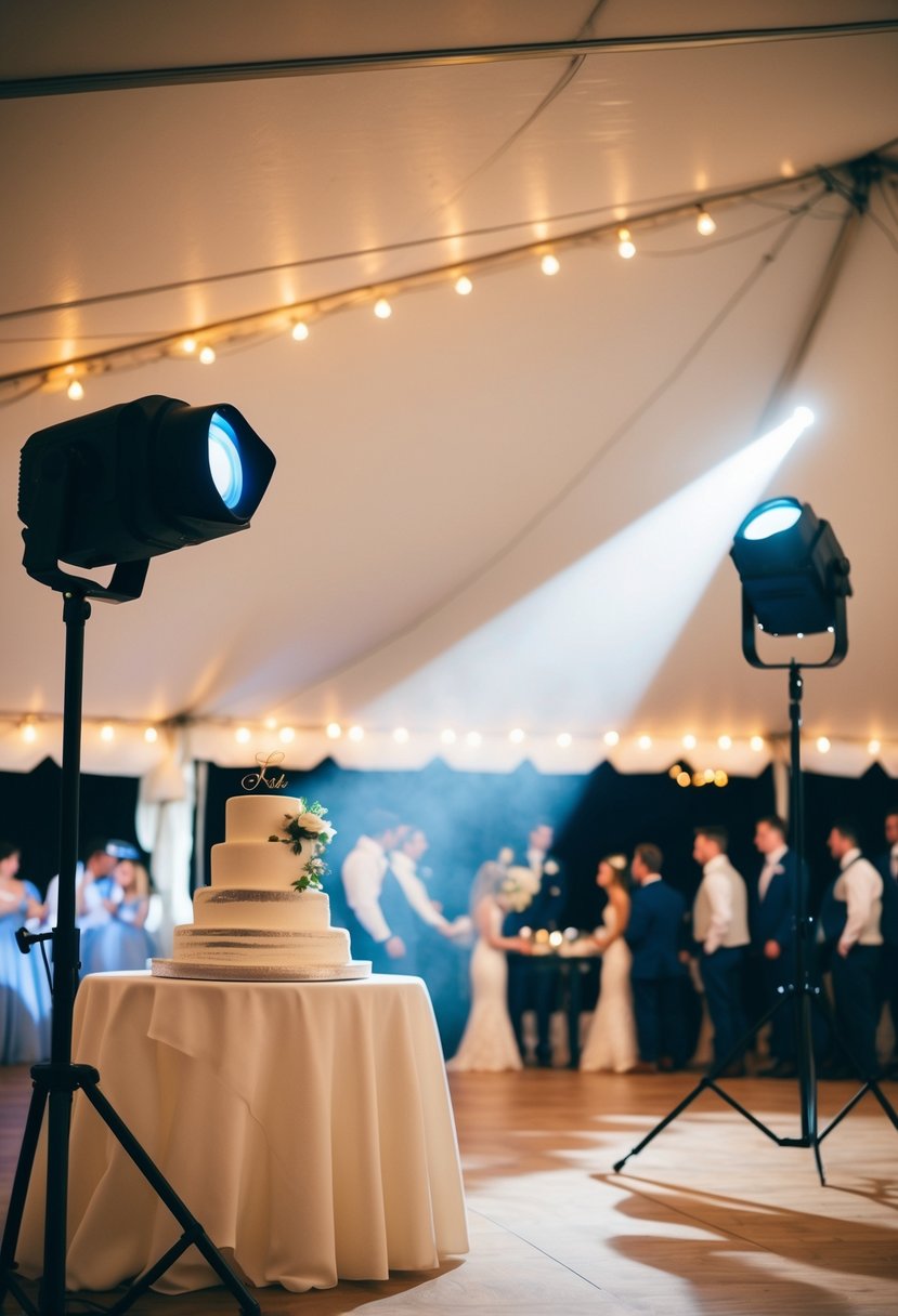 Spotlights illuminate the dance floor, sweetheart table, and cake display in a wedding tent