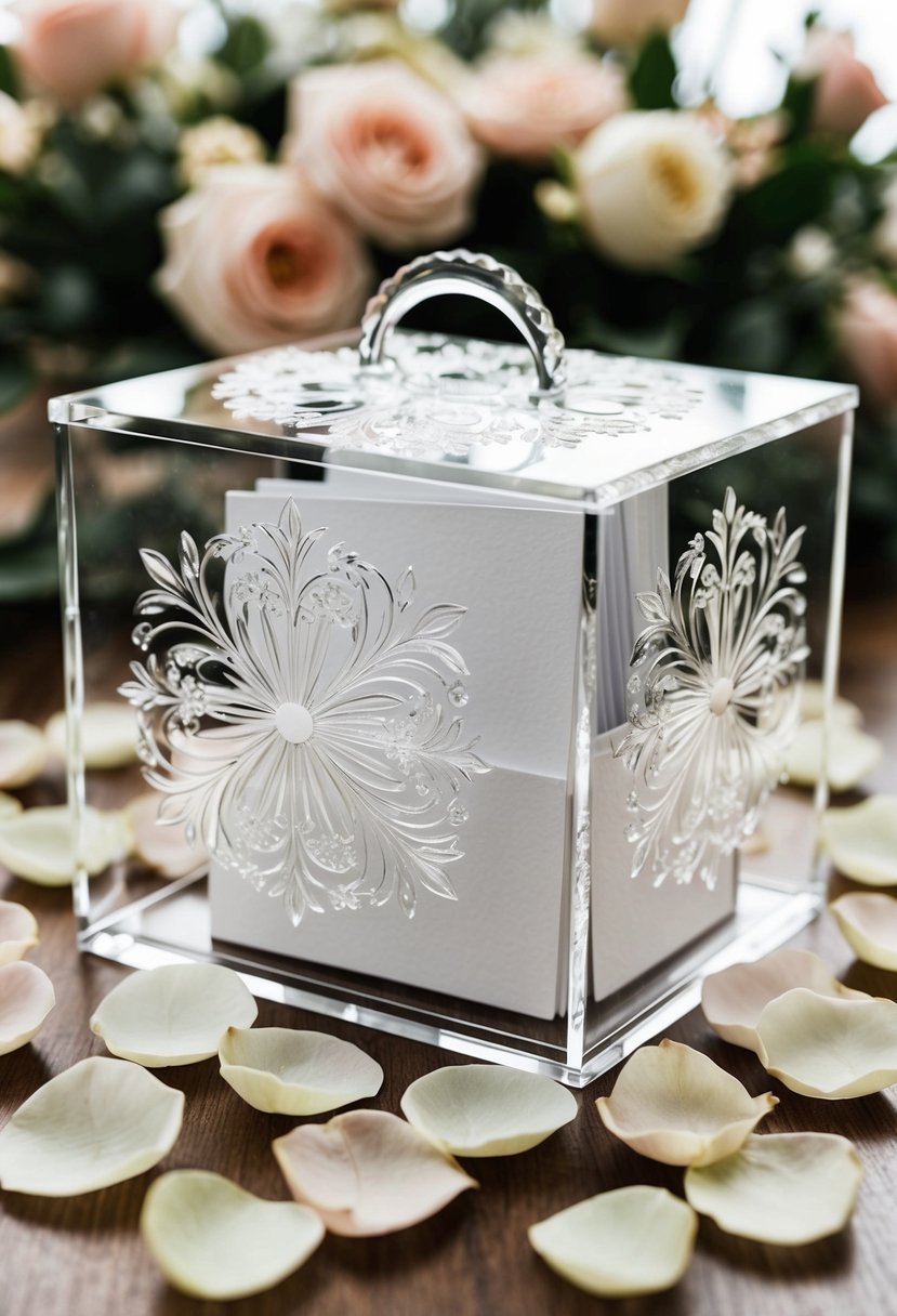 A clear acrylic box with intricate floral etching, filled with wedding cards and surrounded by delicate rose petals