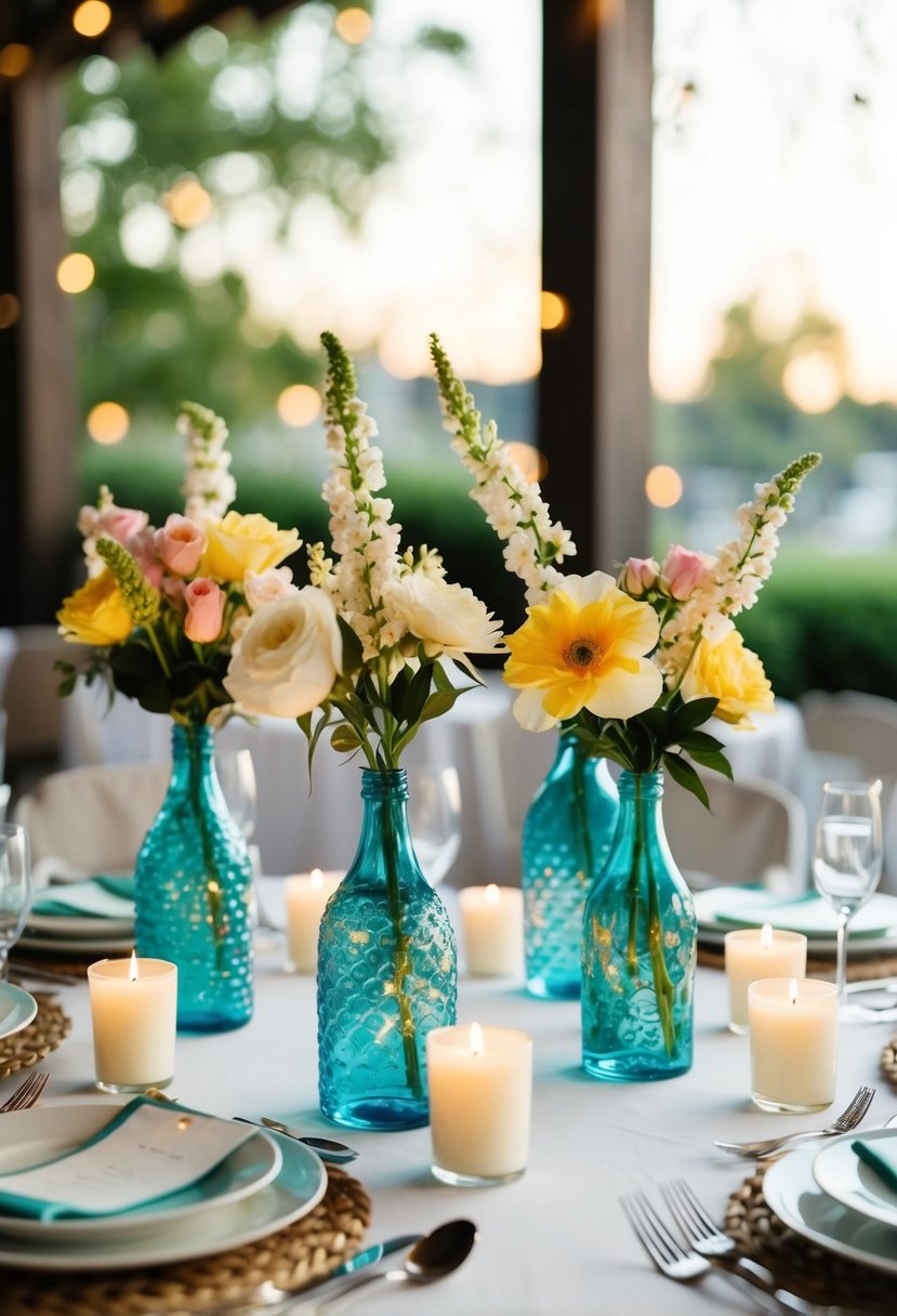 A table adorned with Dollar Tree vases, flowers, and candles for a budget-friendly civil wedding decor