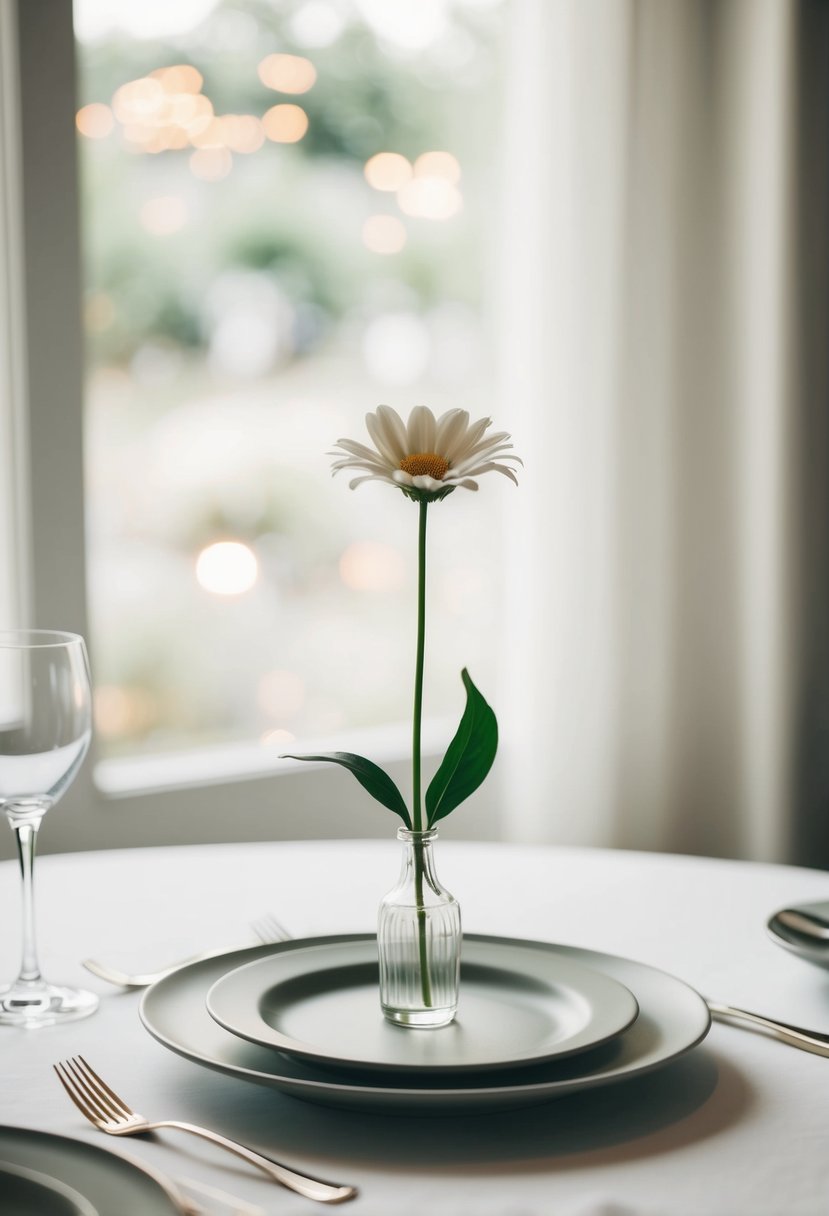 A simple, elegant table setting with a single stem flower in a small vase as a centerpiece