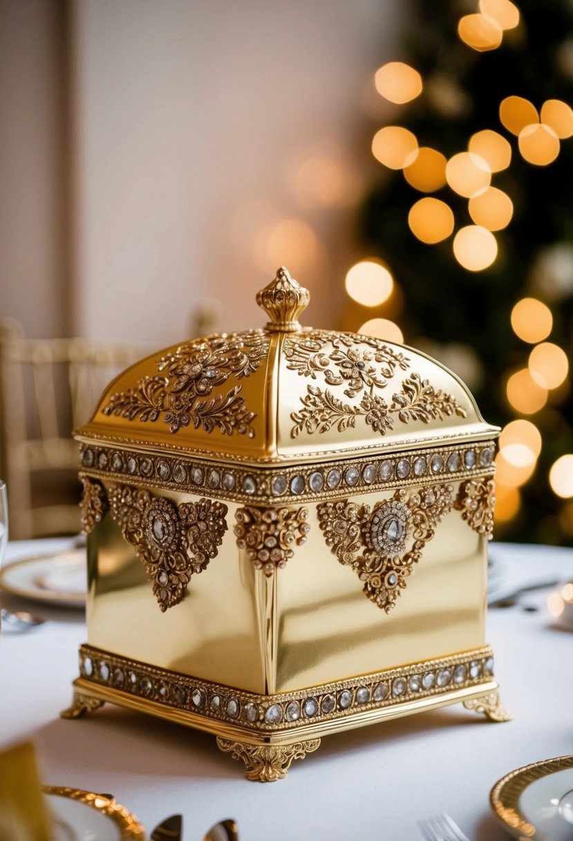 A gold, elegant card box sits on a table, adorned with intricate designs and embellishments, ready to receive well-wishes and gifts at a wedding