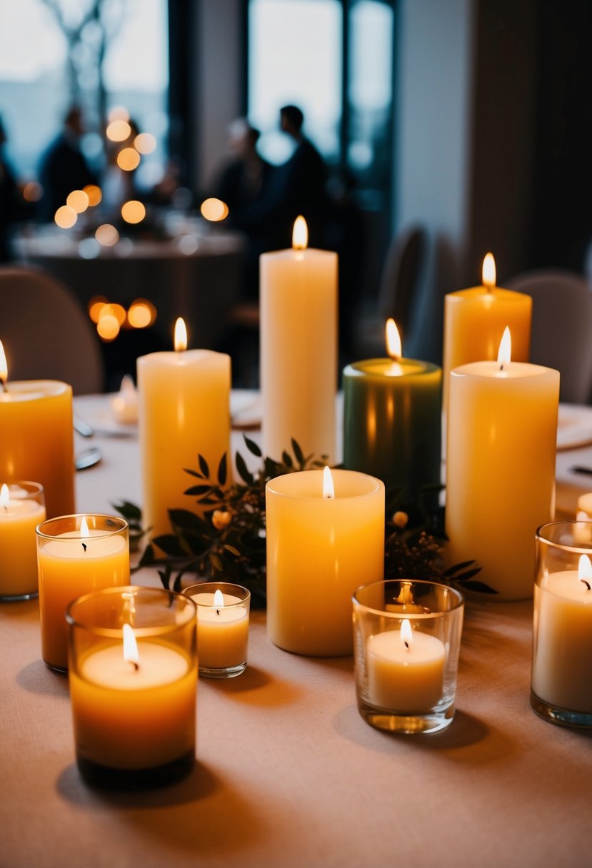 Candles of various sizes and shapes arranged on a table, casting a warm and inviting glow in a simple and elegant civil wedding setting