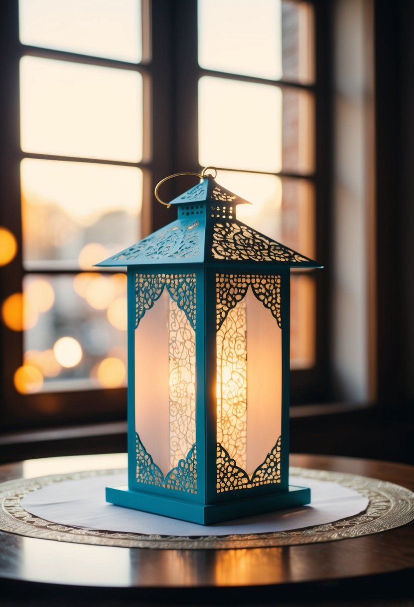 A lantern-style card box sits on a table, adorned with intricate patterns and delicate details. Warm light spills from the open windows, casting a soft glow on the surrounding area