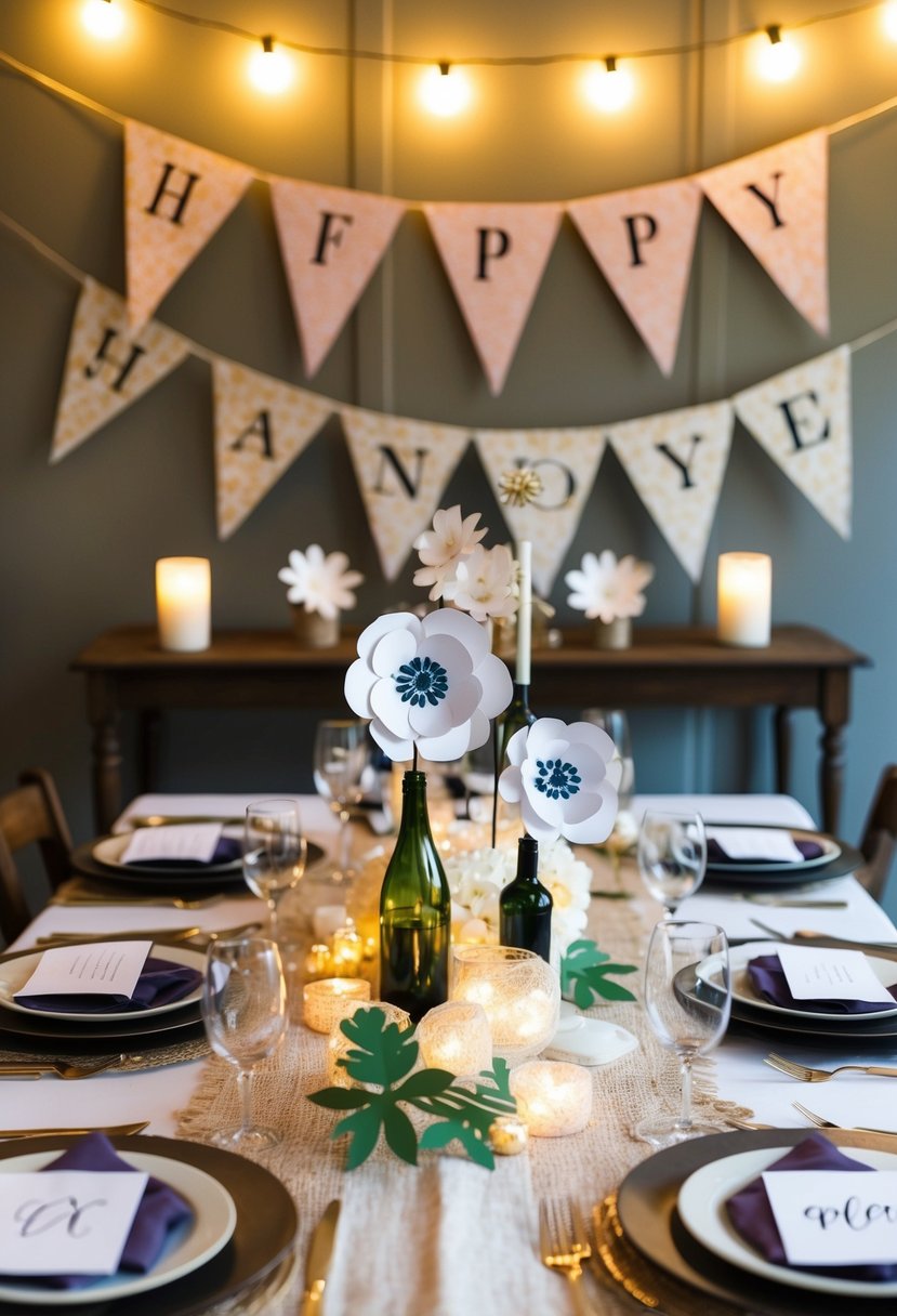 A table adorned with handcrafted centerpieces, string lights, and personalized place settings. Homemade fabric banners and paper flowers add a charming touch to the room