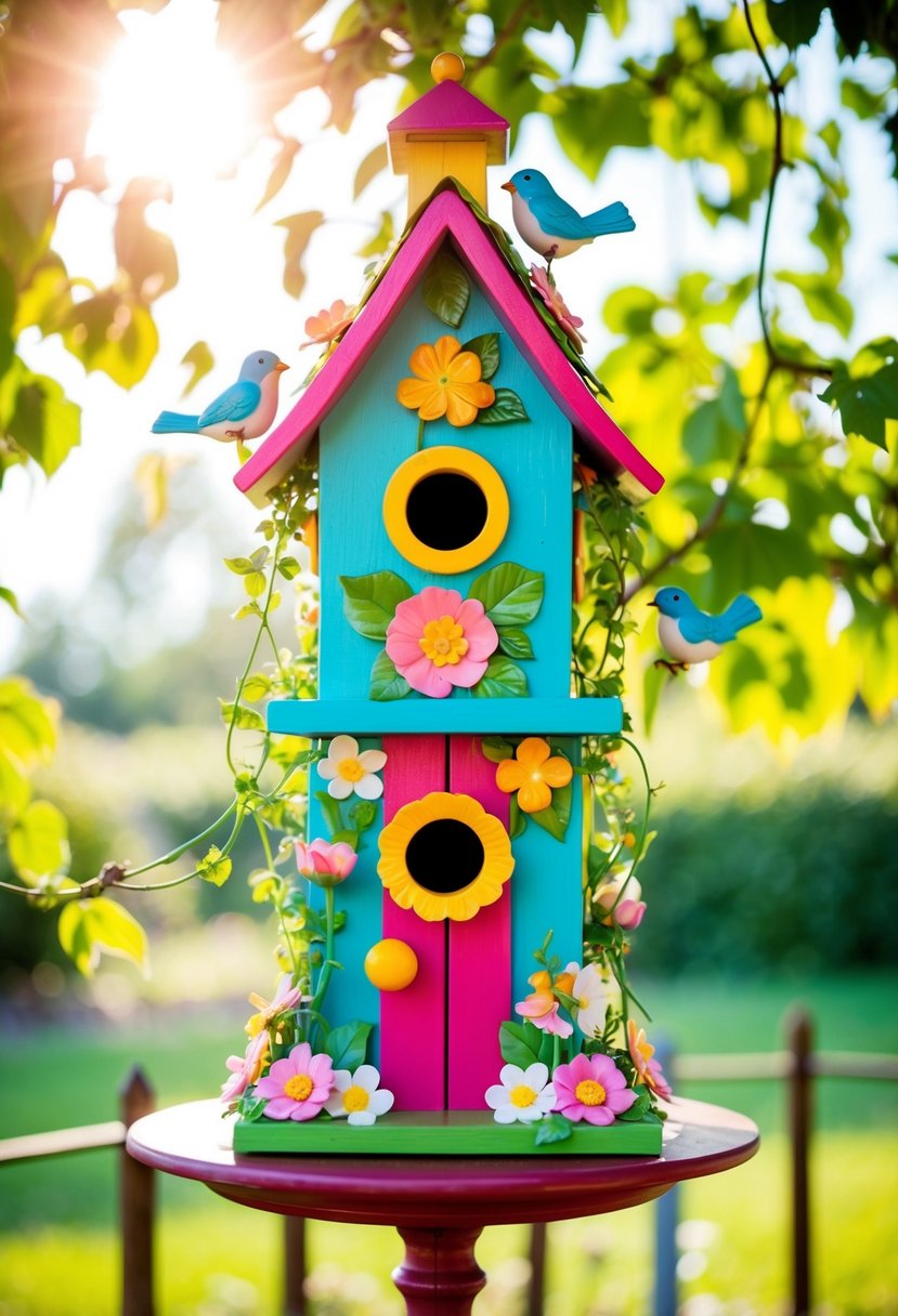 A colorful, whimsical birdhouse stands adorned with flowers and vines, serving as a unique wedding card box. The sun shines down on the charming scene, with birds fluttering around