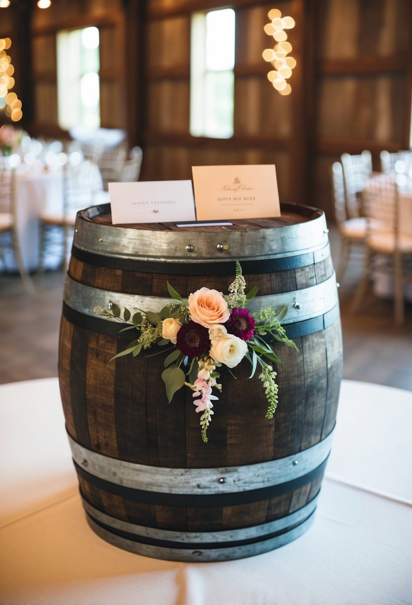 A repurposed wine barrel serves as a rustic wedding card box, adorned with floral accents and a slot for cards