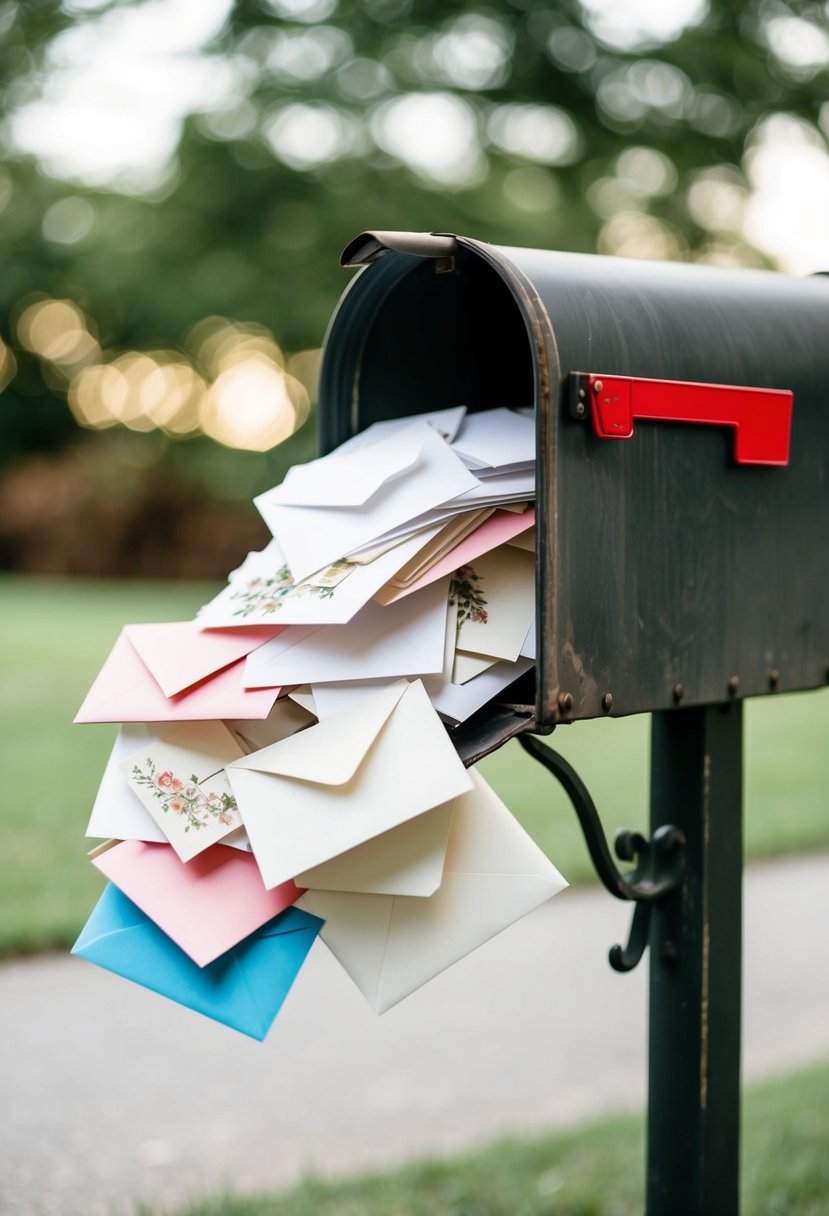 A vintage mailbox overflowing with wedding cards and envelopes