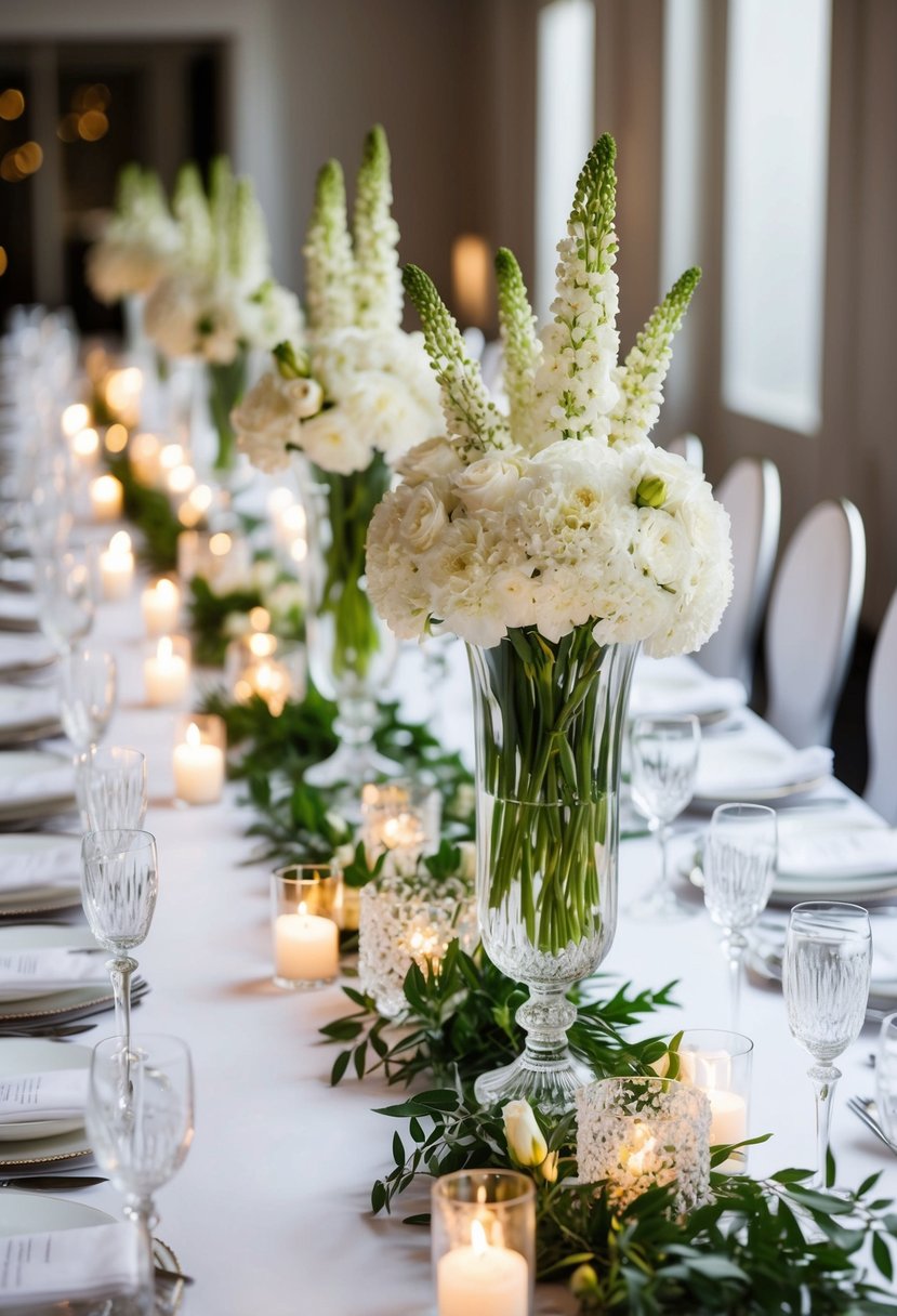 A long white table adorned with tall crystal vases filled with fresh white flowers and surrounded by flickering candles in glass holders