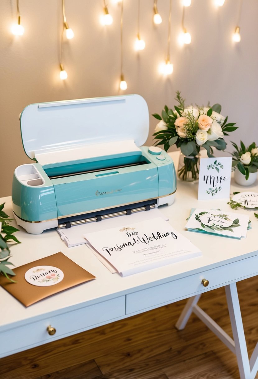 A table with a Cricut machine, various wedding-themed materials, and finished personalized wedding gifts