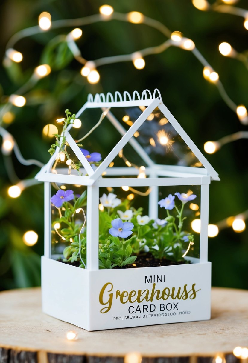 A mini greenhouse card box with delicate flowers and vines, surrounded by twinkling fairy lights