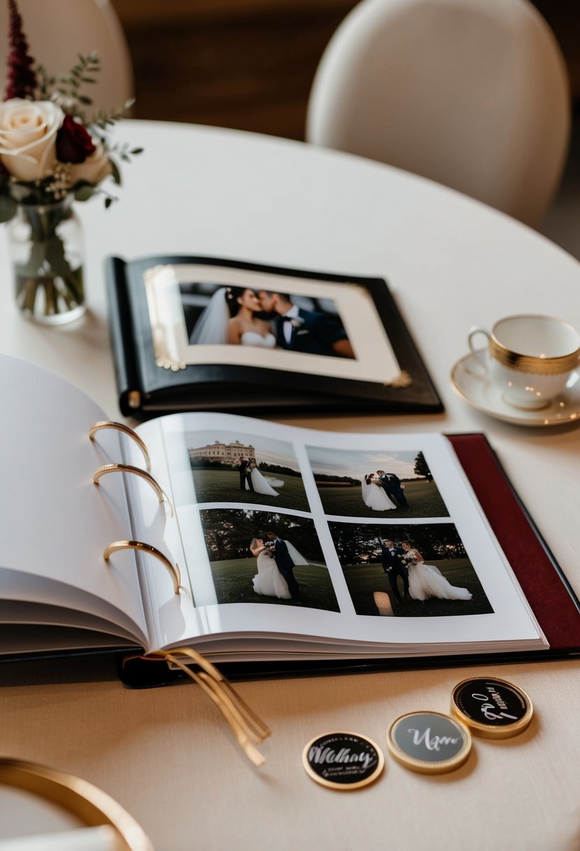 A wedding photo album open on a table, with personalized details and decorative elements