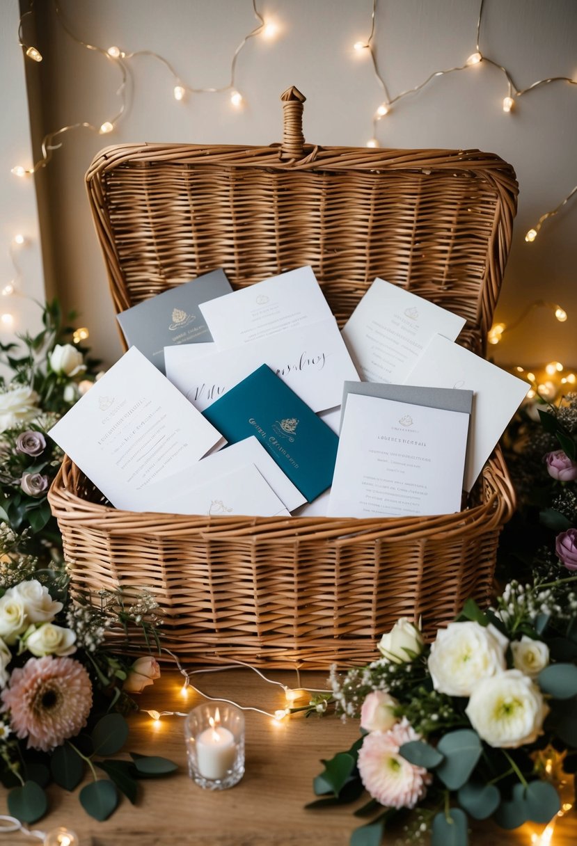 A wicker hamper overflowing with wedding cards, nestled among floral arrangements and twinkling fairy lights