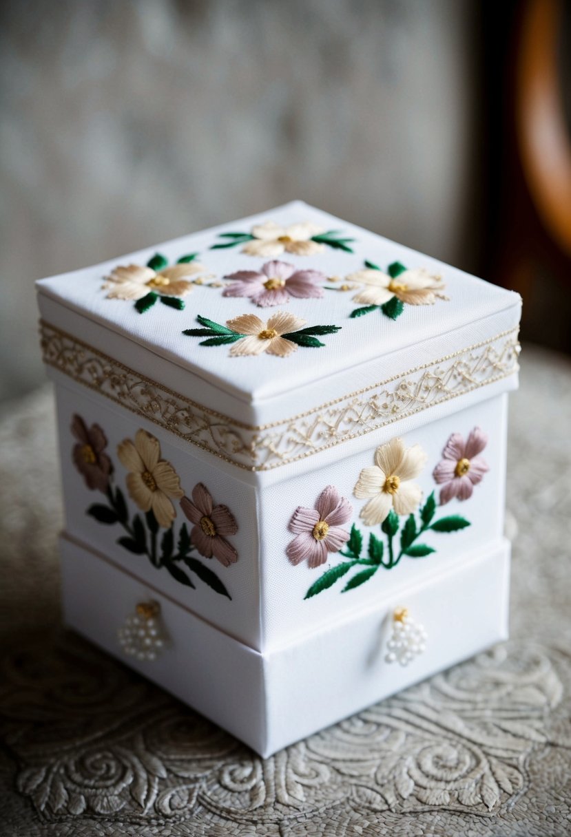 A white fabric box with intricate custom embroidery, adorned with delicate flowers and elegant patterns, serving as a wedding card box