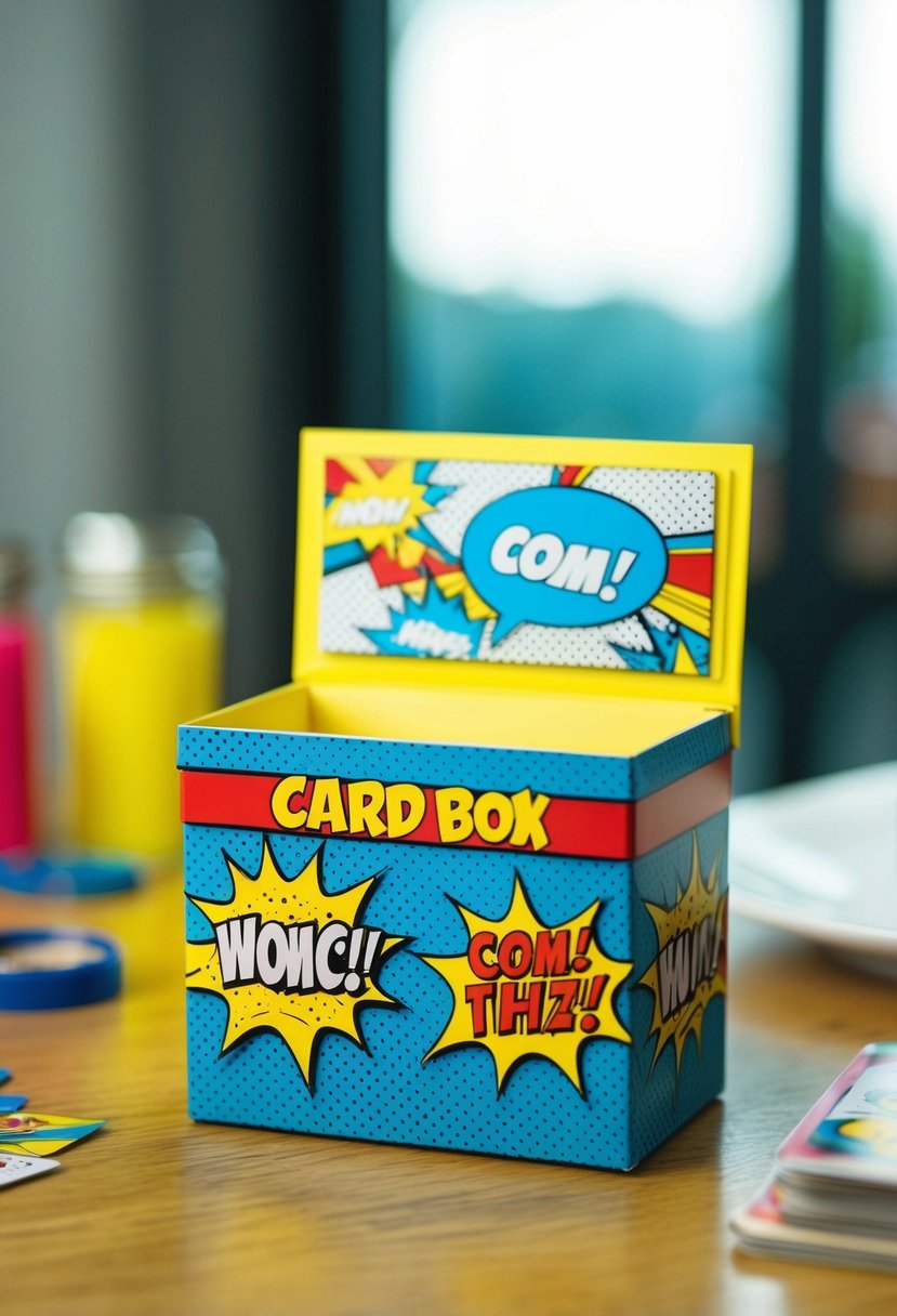 A decorative card box with a comic book theme, featuring bright colors, speech bubbles, and action-packed illustrations