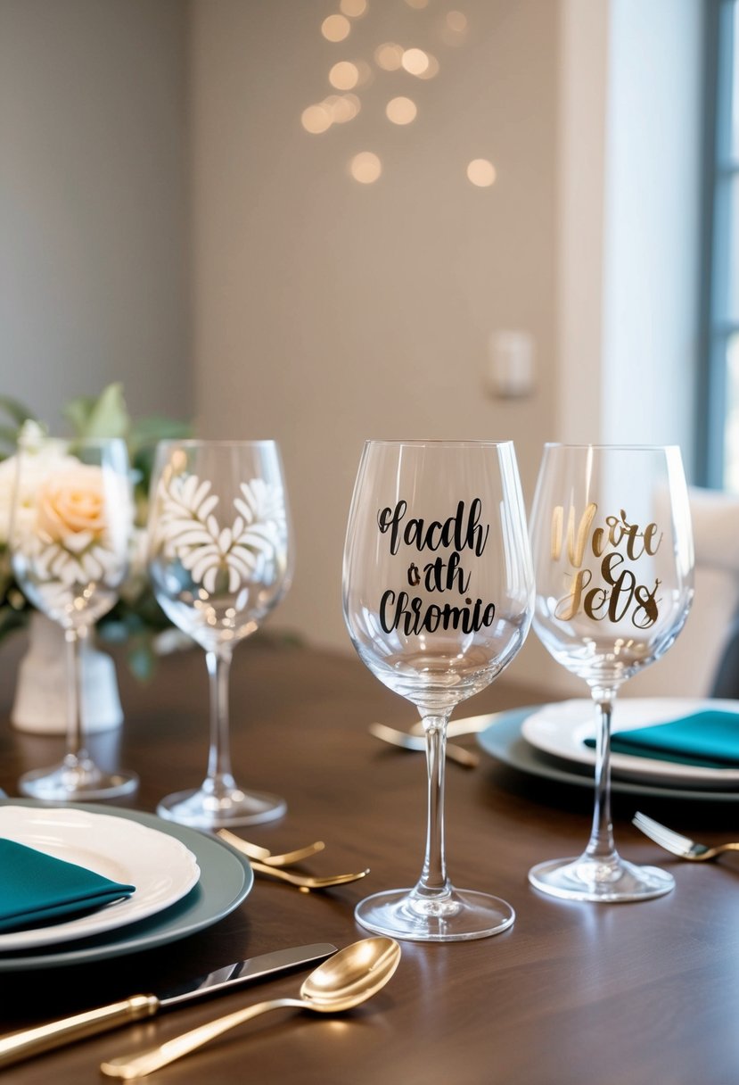 A table set with custom wine glasses, adorned with cricut wedding designs, ready to be gifted