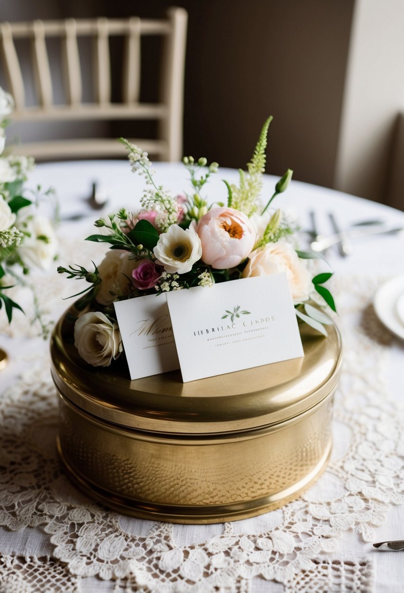 A chic brass keepsake box sits atop a lace tablecloth, adorned with delicate floral arrangements, ready to hold wedding cards