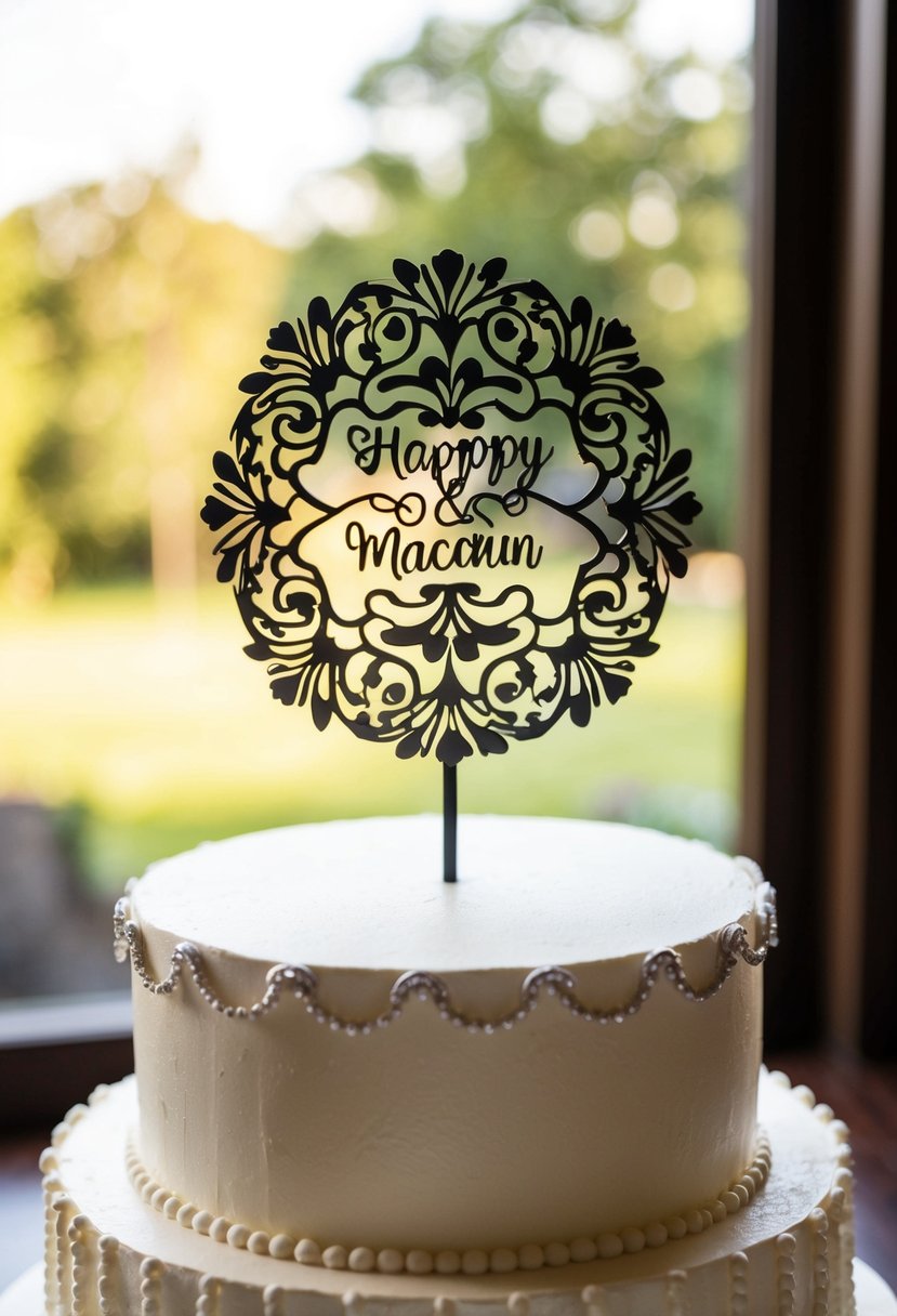 A delicately crafted wedding cake topper featuring intricate details and elegant design, created using a Cricut machine