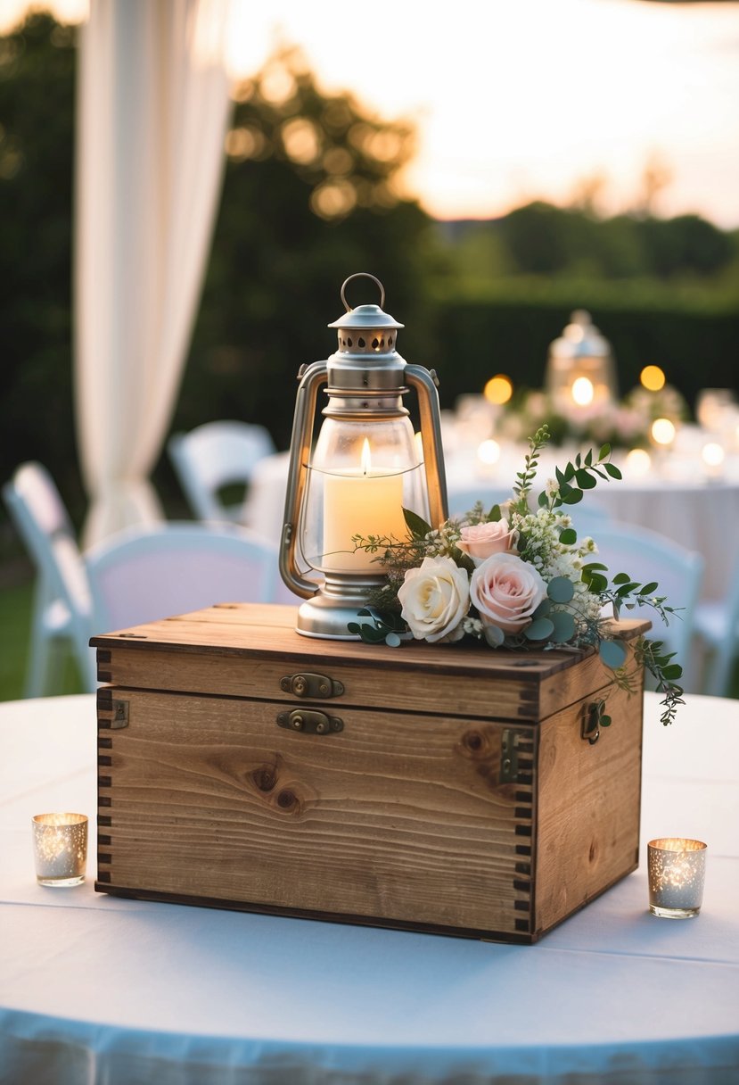 A rustic wooden box with a hinged lid, adorned with a candle lantern and floral decorations, sits on a table at a wedding reception