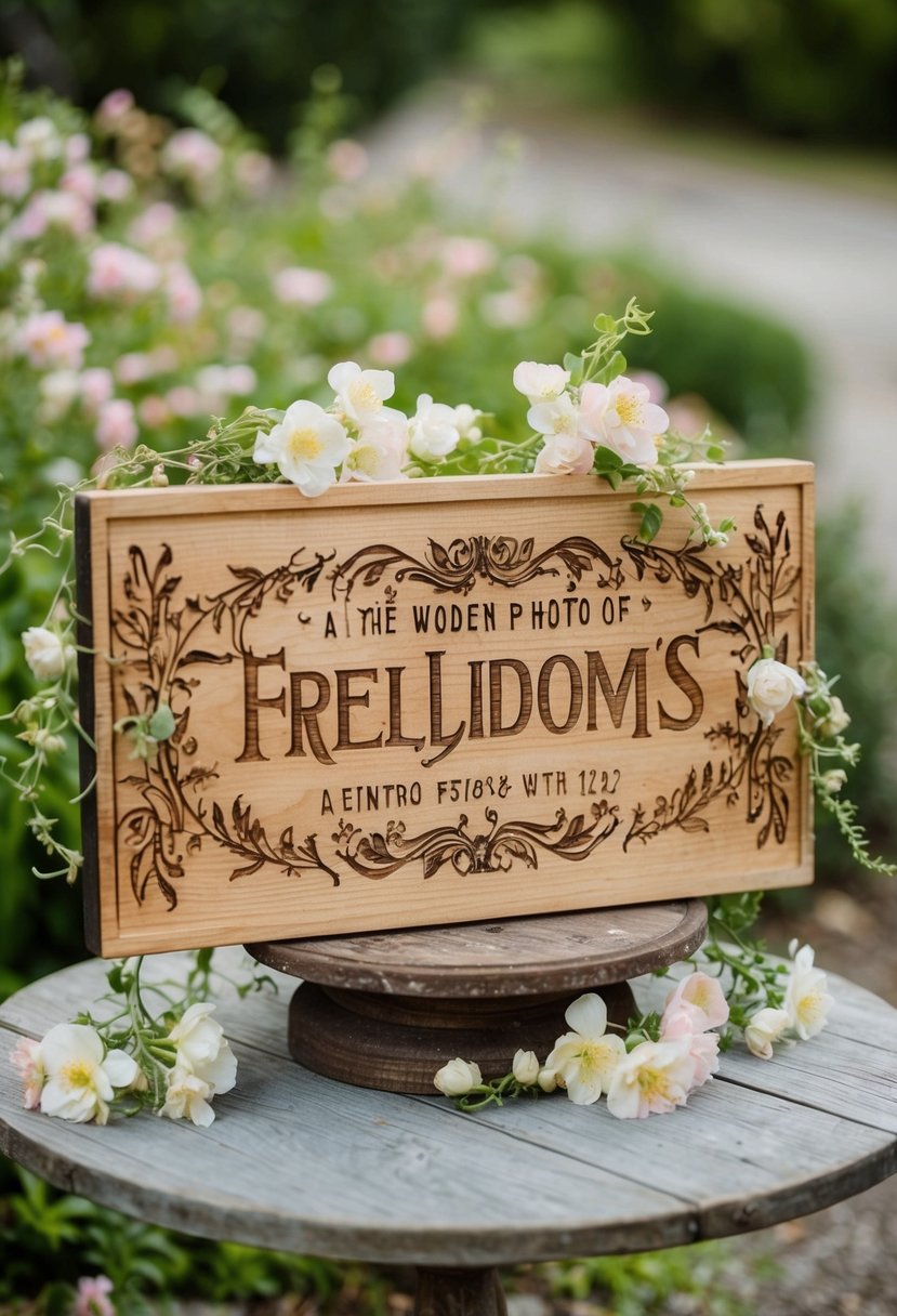 A wooden sign with intricate engravings, surrounded by delicate flowers and vines, sits on a rustic table