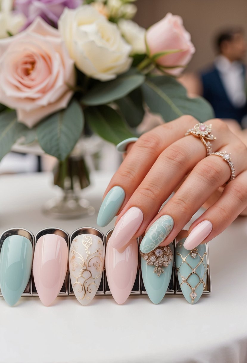 A collection of elegant nail designs in soft pastel colors and intricate patterns, displayed on a table at a wedding reception