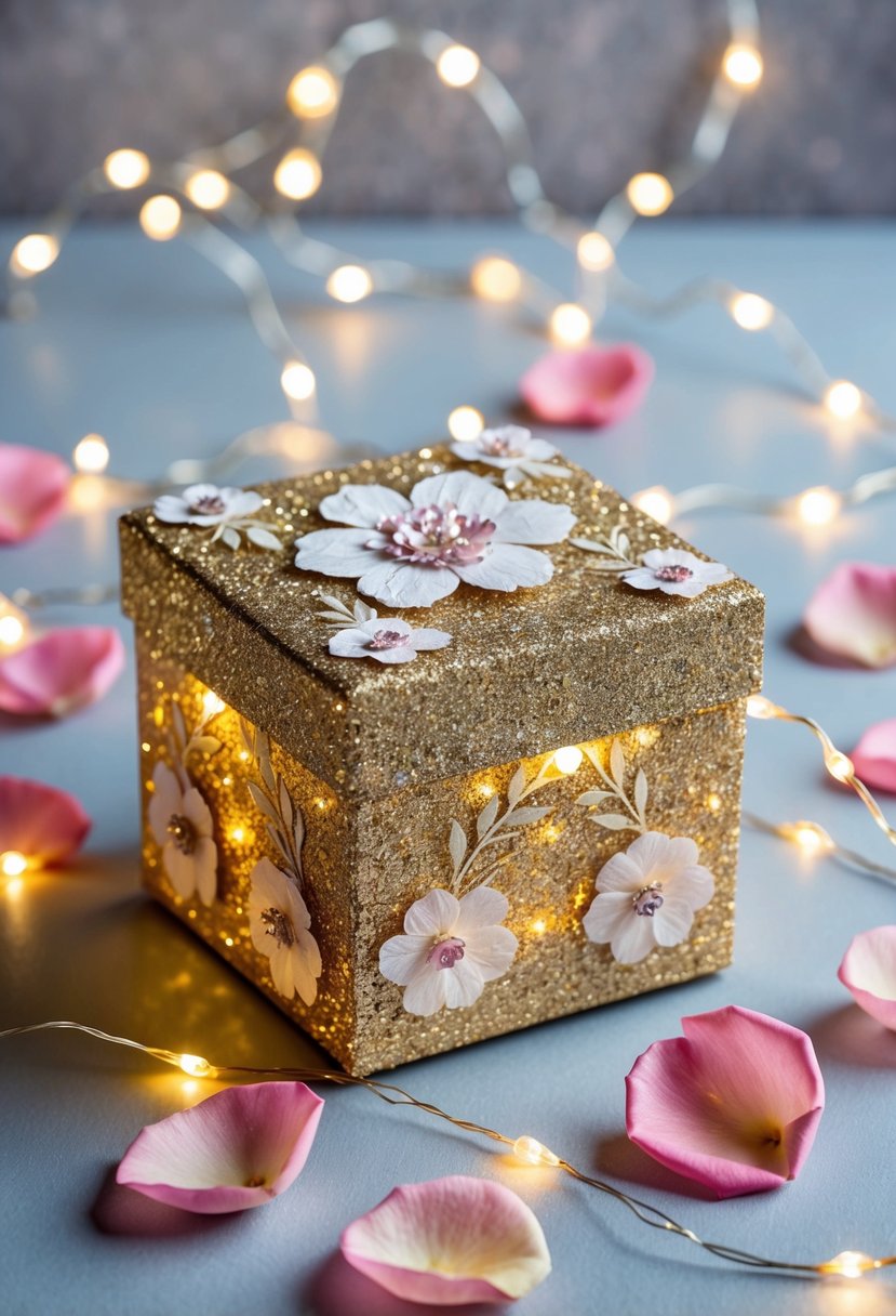 A glittering paper mâché box adorned with delicate floral patterns, surrounded by scattered rose petals and twinkling fairy lights