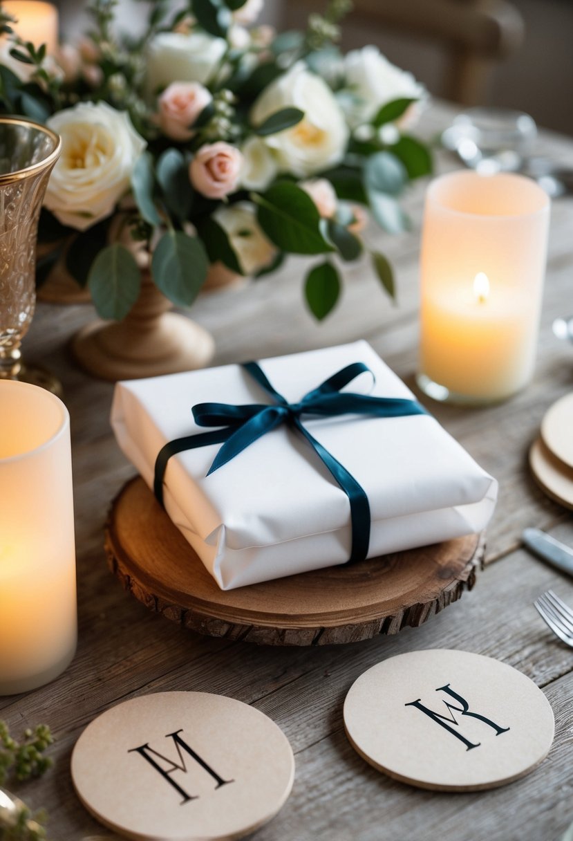 A beautifully wrapped set of monogrammed coasters displayed on a rustic wooden table, surrounded by elegant wedding decor and soft candlelight