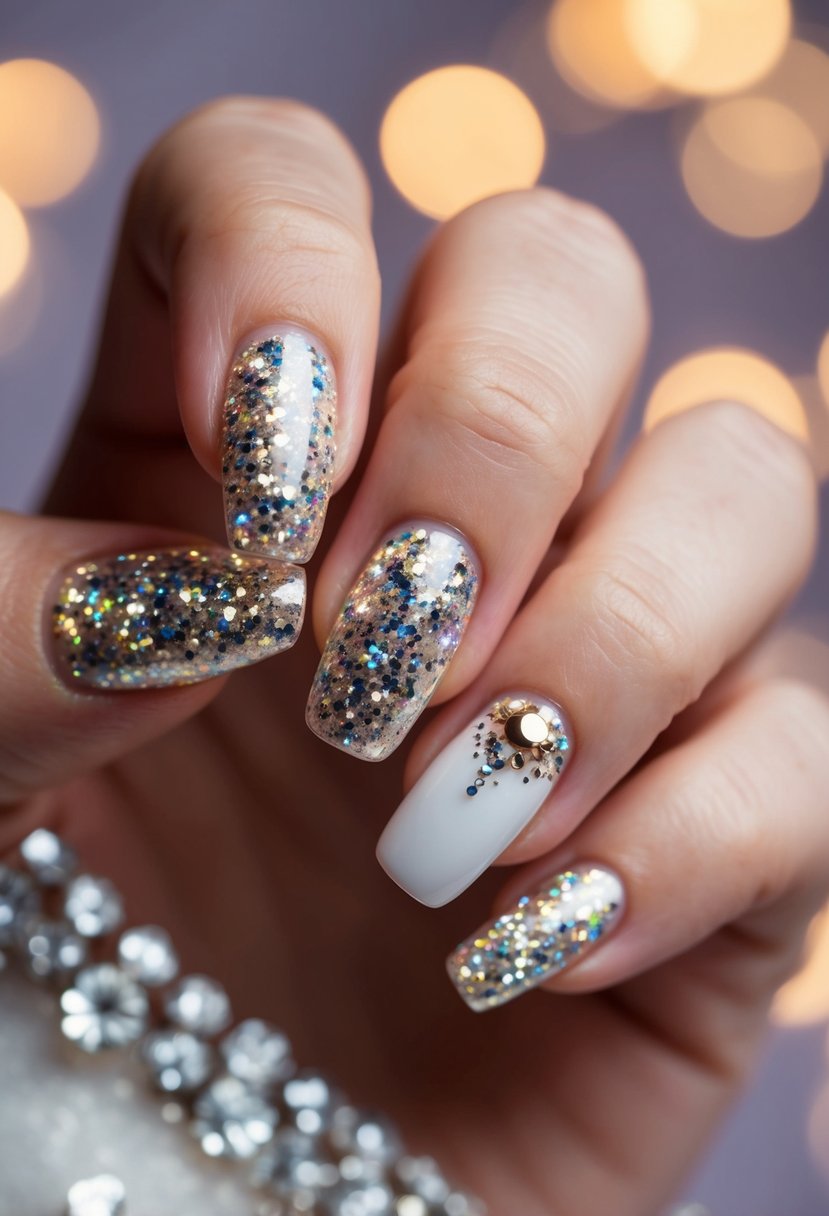 A close-up of sparkling nails with modern glitter designs, perfect for a wedding guest