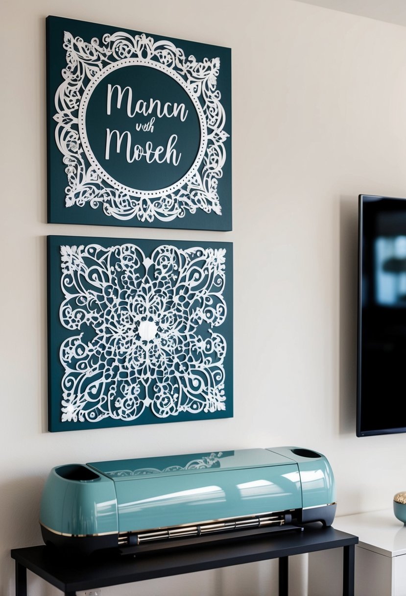 A personalized wall art piece featuring intricate wedding-themed designs created with a Cricut machine, displayed in a modern living room setting