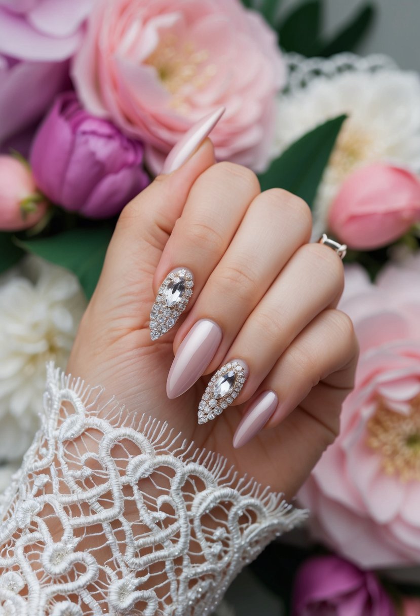 A close-up of elegant nails with diamond accents, against a backdrop of floral and lace details