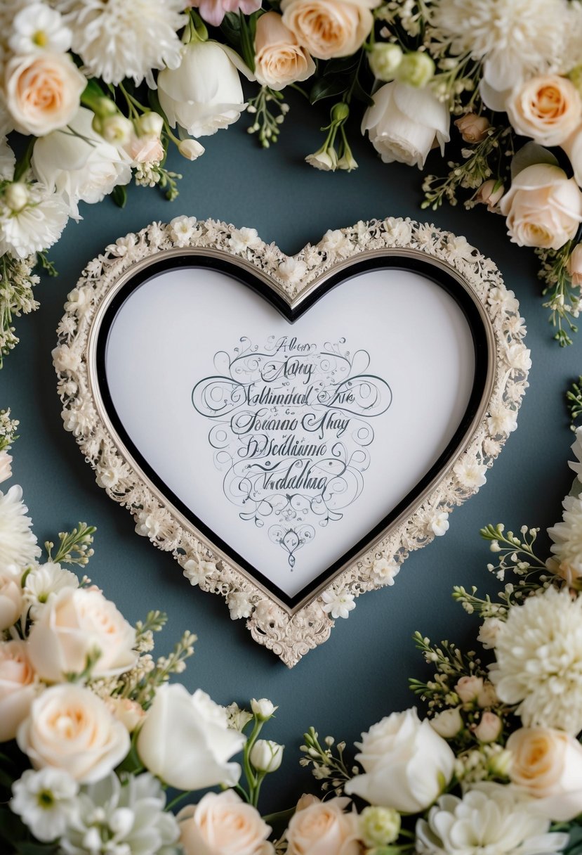 A heart-shaped frame adorned with intricate wedding motifs, surrounded by delicate floral arrangements and elegant calligraphy