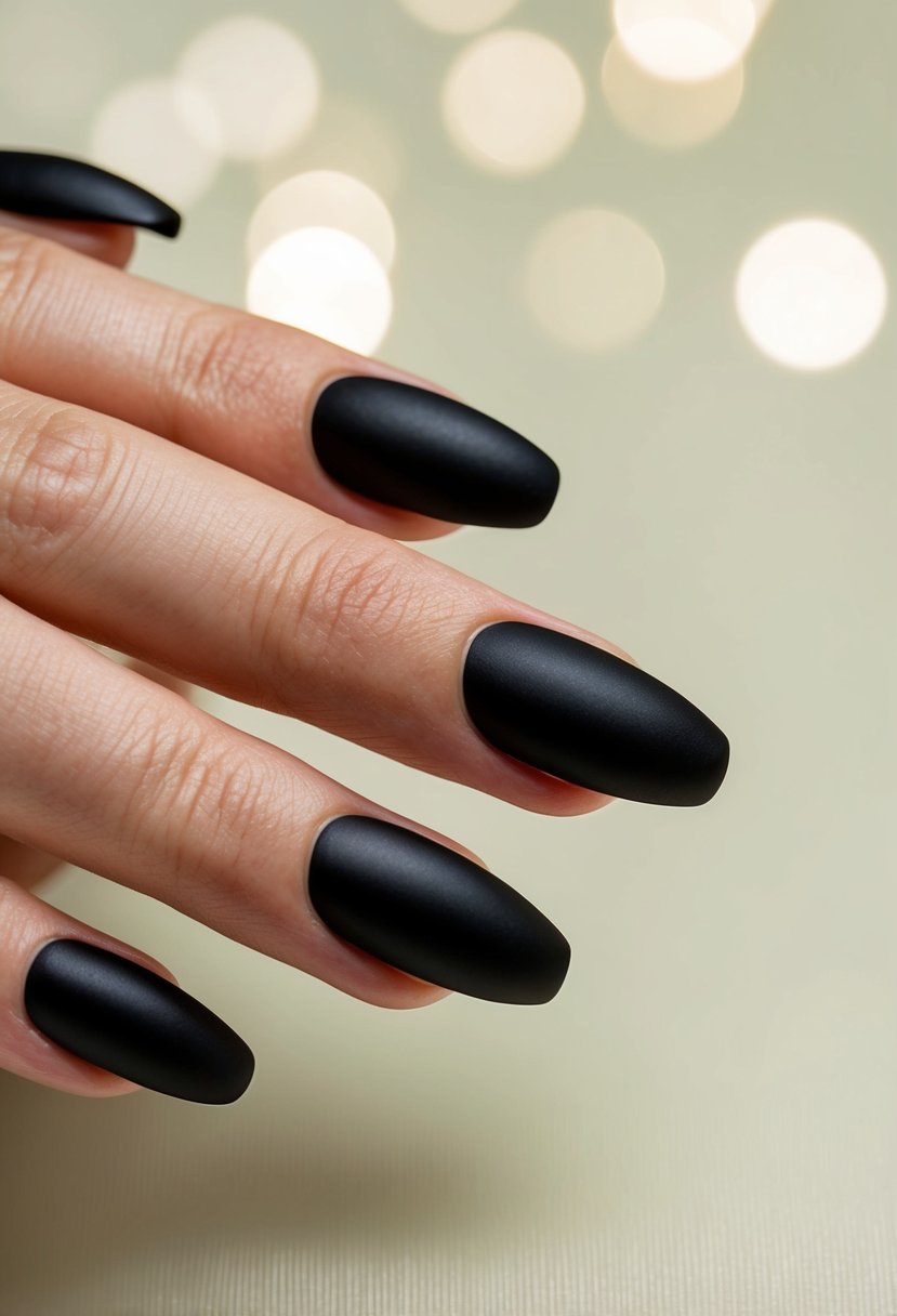 A close-up of black matte nails on a pale background, with a subtle shimmer for a wedding guest