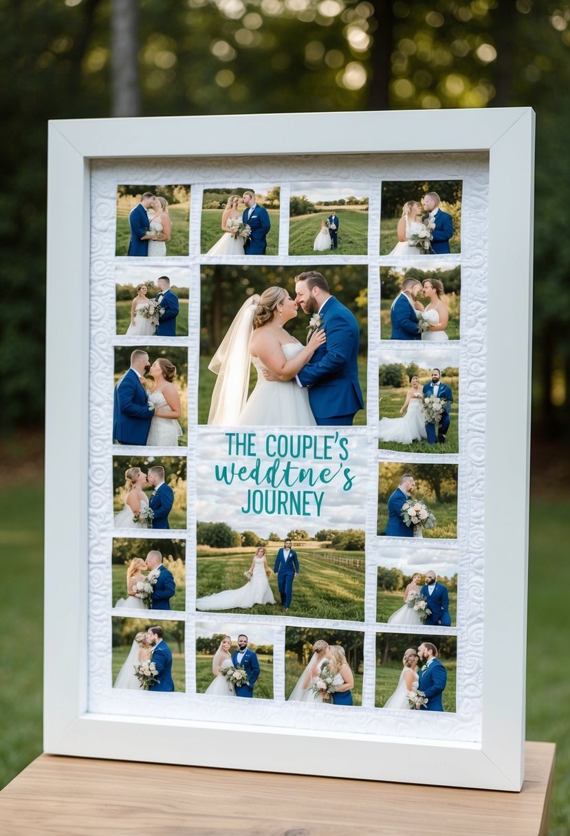 A photo quilt showcasing the couple's journey, with images from their wedding and other special moments, displayed in a cricut-designed frame