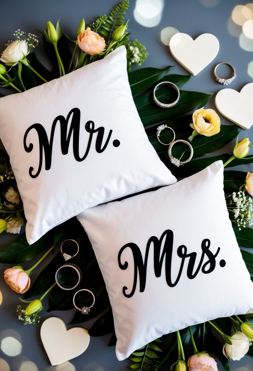 Two pillow covers with "Mr." and "Mrs." designs, surrounded by wedding rings, flowers, and hearts