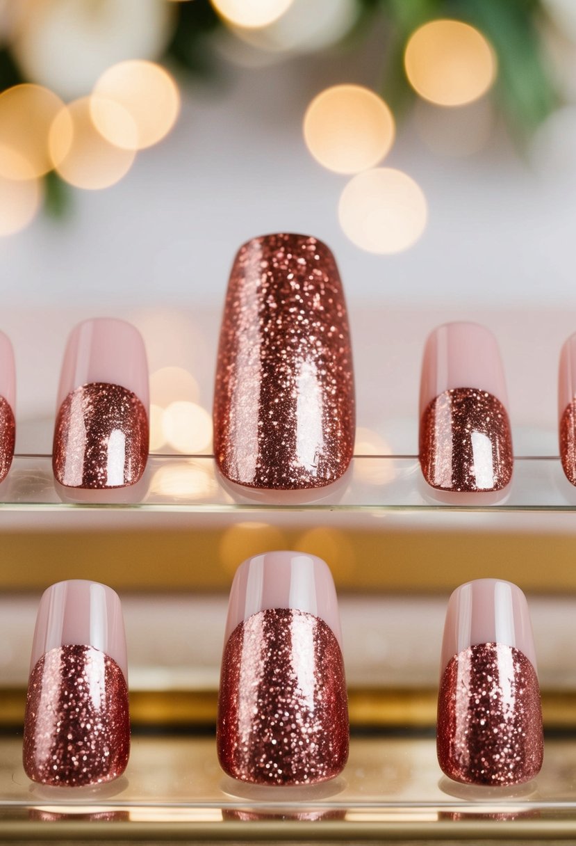 A collection of elegant rose gold glitter nail designs on display at a wedding reception