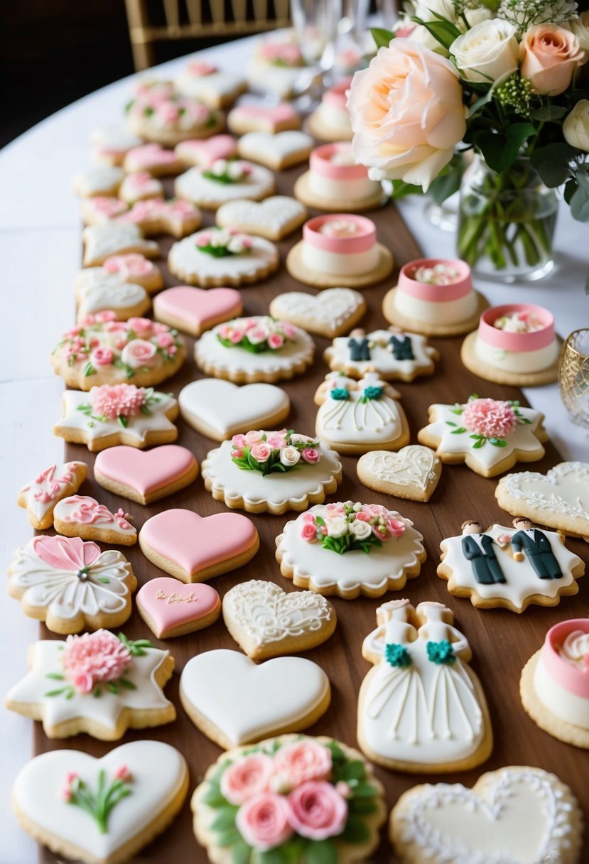 A table filled with a variety of beautifully decorated wedding cookies, including heart-shaped, floral, and bride and groom designs