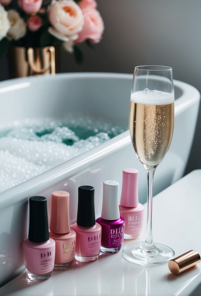 A glass of champagne next to a bathtub filled with bubbles, surrounded by bottles of nail polish in various shades of pink and white