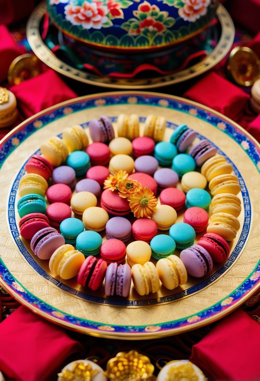 Colorful macarons arranged in a circular pattern on a traditional Chinese wedding platter, surrounded by vibrant red and gold accents