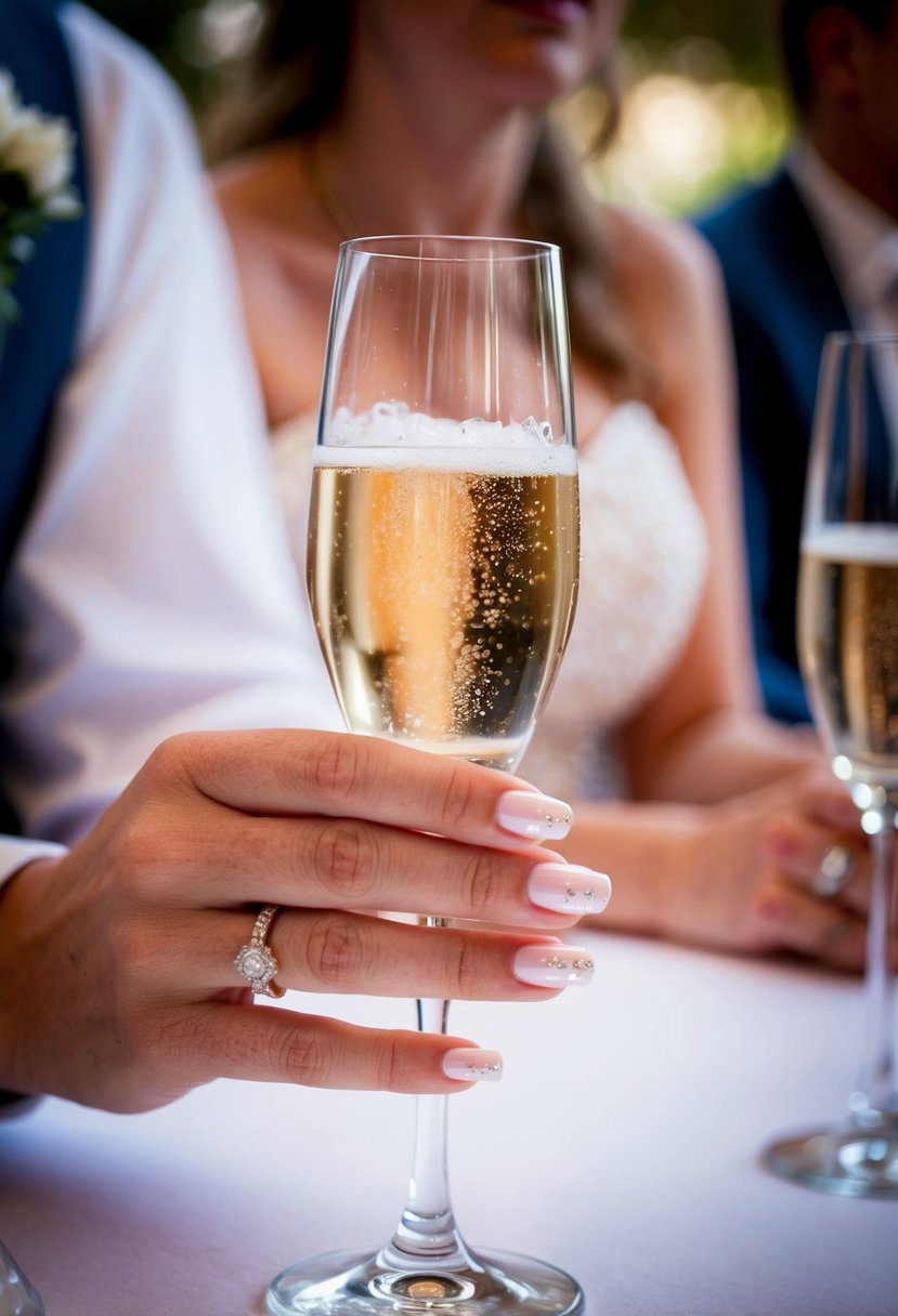 A close-up of pearlescent nails holding a champagne glass at a wedding reception