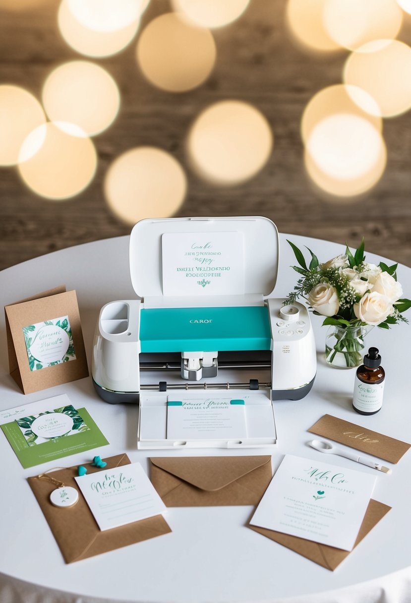 A table set with personalized wedding invitation suite items, including a cricut machine and various crafting materials