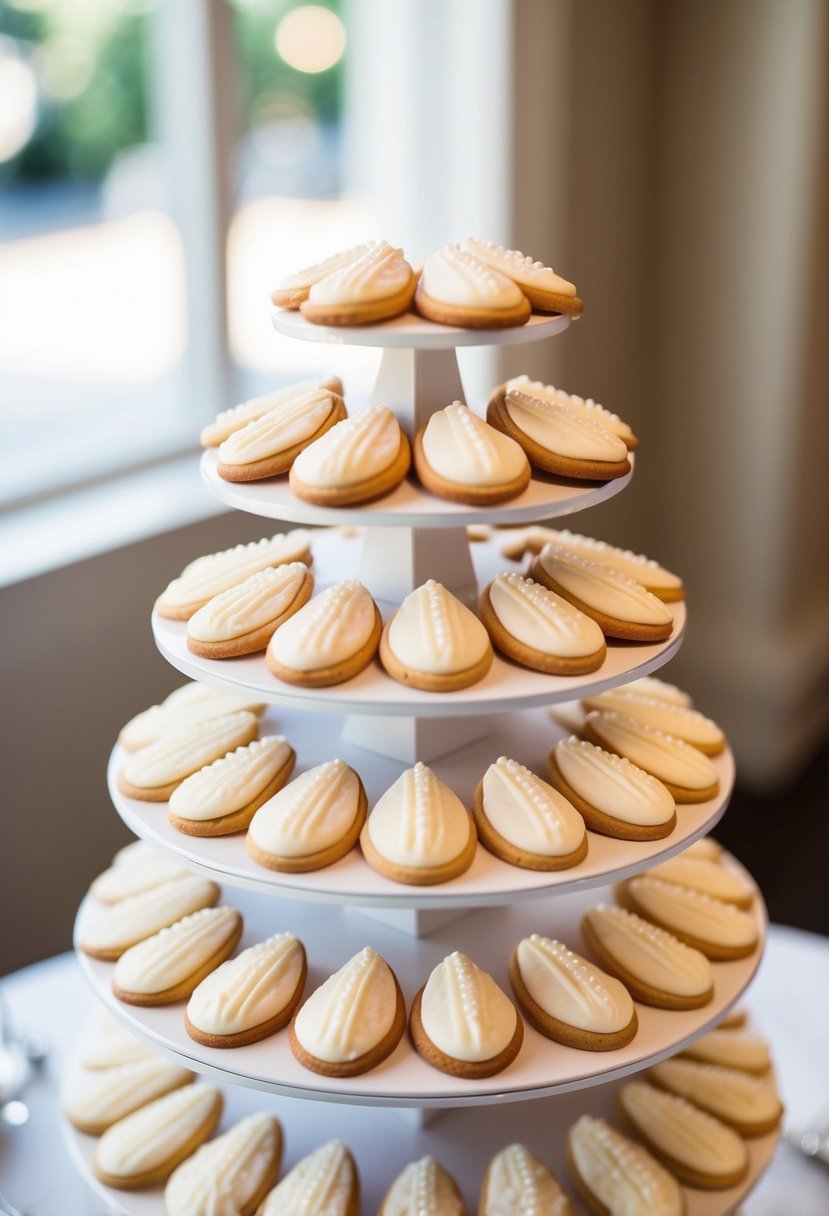 A tower of delicate madeleine wedding cookies, adorned with sugar pearls and delicate icing, displayed on a tiered stand