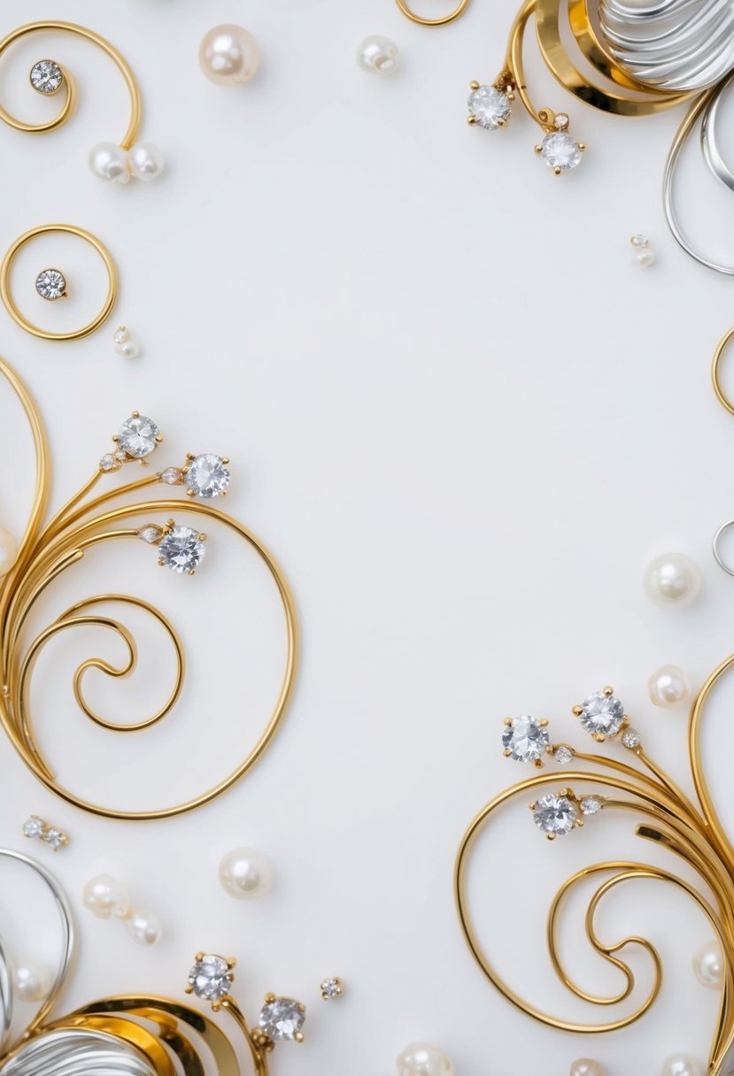 A white background with elegant swirl designs in gold and silver, accented with delicate gemstones and pearls