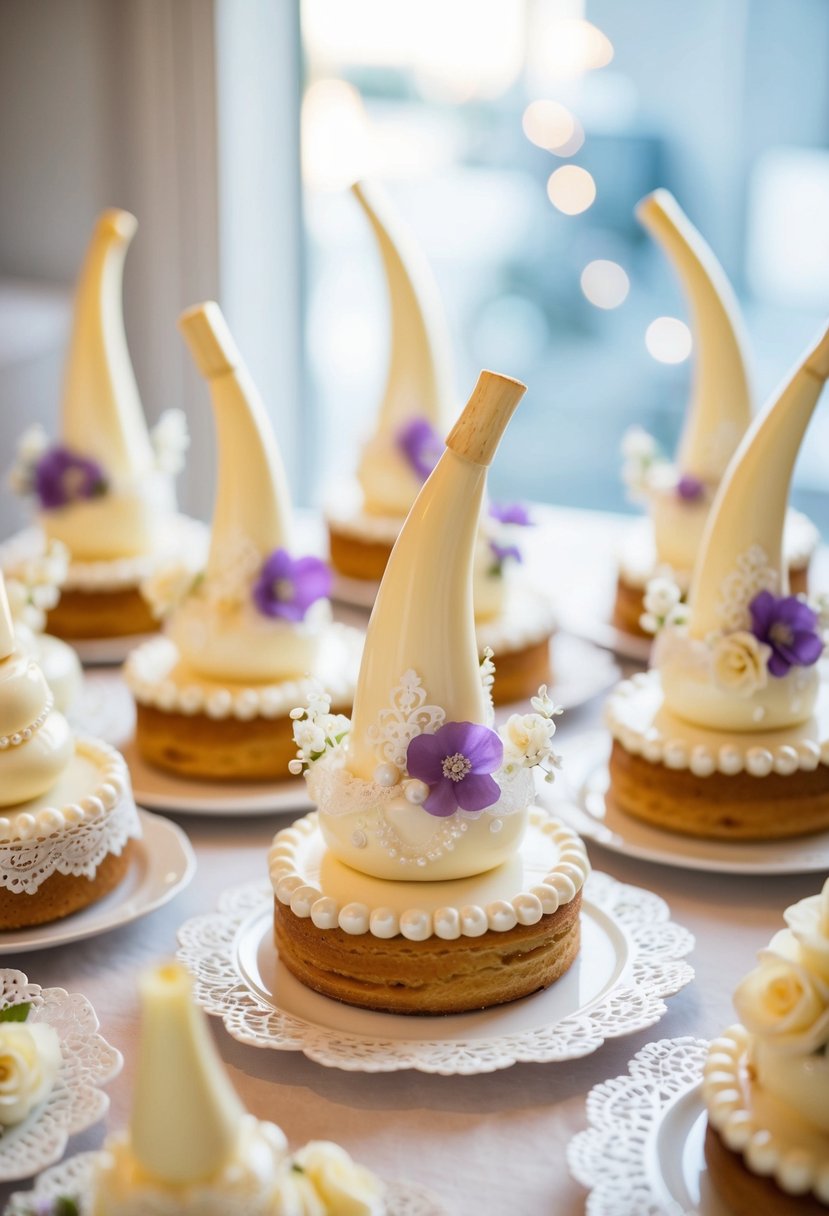 A table adorned with cream horns in wedding-themed shapes and designs. Delicate lace, flowers, and pearls decorate the pastries