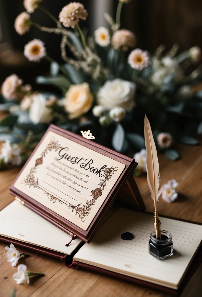 A wooden fairy tale guest book open on a table with a quill pen and ink, surrounded by delicate floral decorations